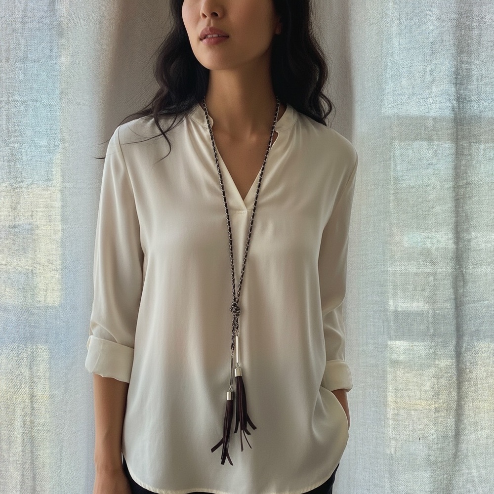 Long Tassel Pendant Necklace - Burgundy Brown Leather - Braided